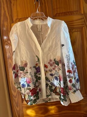 Joie White Blouse with Multicolor Floral Border